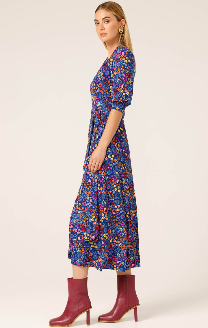 Sapphire Flame Wrap Midi Dress - Blue Floral