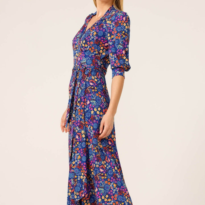 Sapphire Flame Wrap Midi Dress - Blue Floral