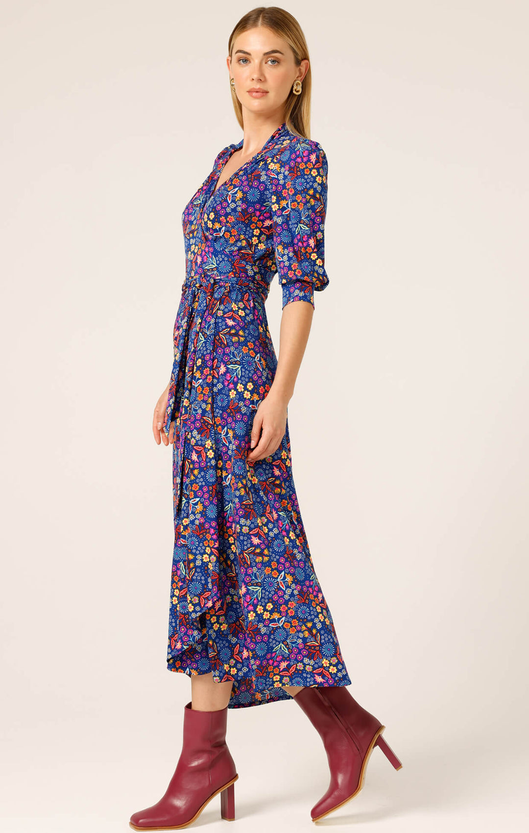 Sapphire Flame Wrap Midi Dress - Blue Floral