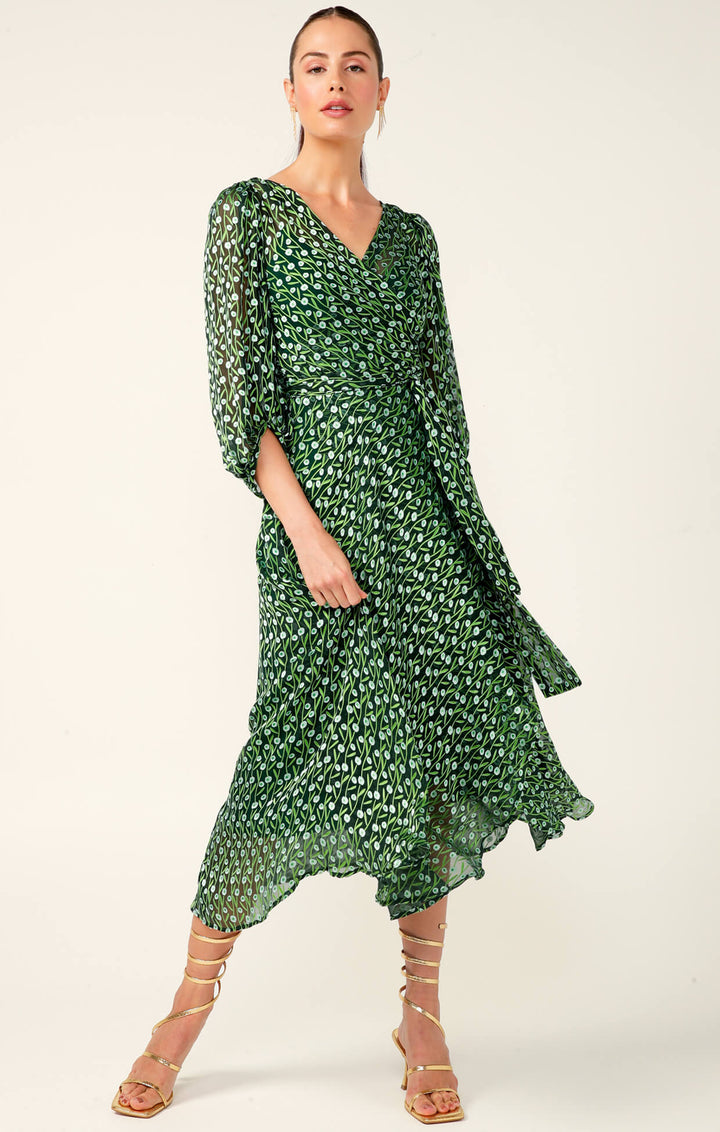 Wonderland Midi Wrap Dress - Emerald Poppy