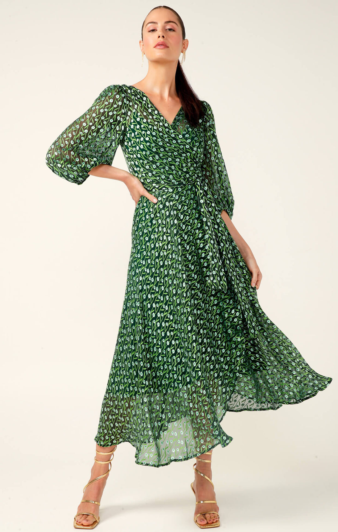 Wonderland Midi Wrap Dress - Emerald Poppy