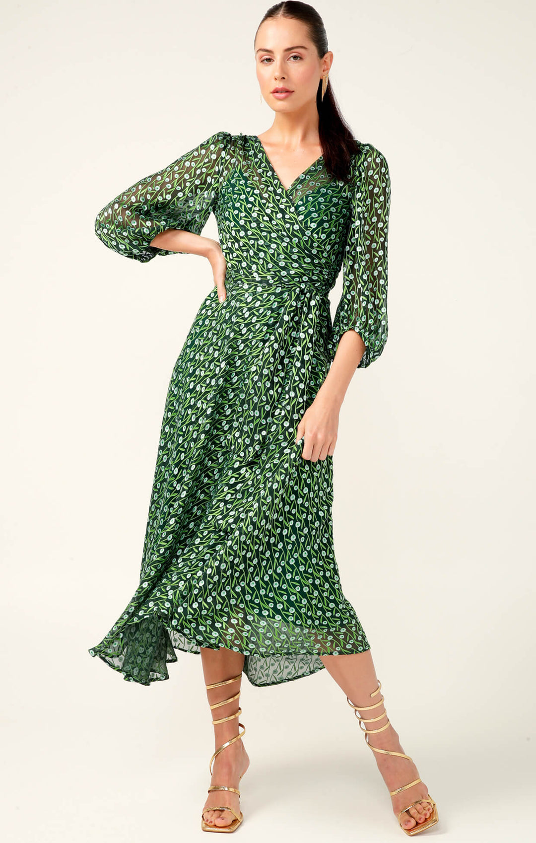 Wonderland Midi Wrap Dress - Emerald Poppy