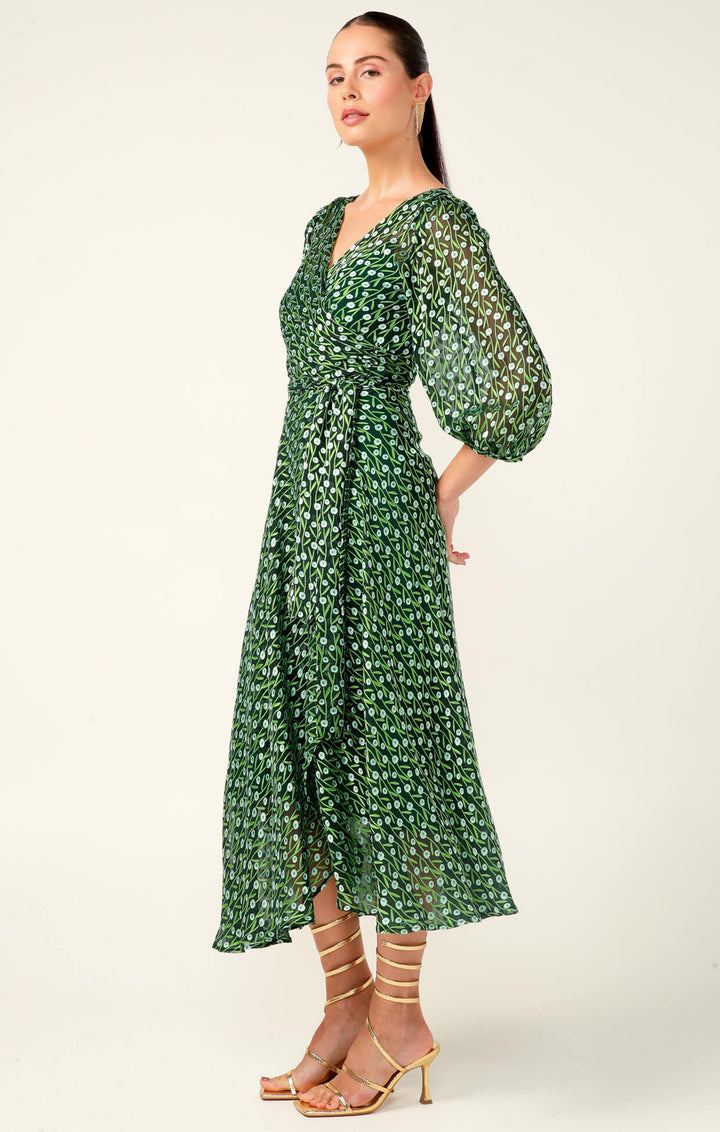 Wonderland Midi Wrap Dress - Emerald Poppy