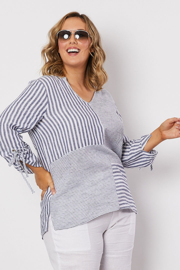 Spliced Stripe Linen Top - Blue