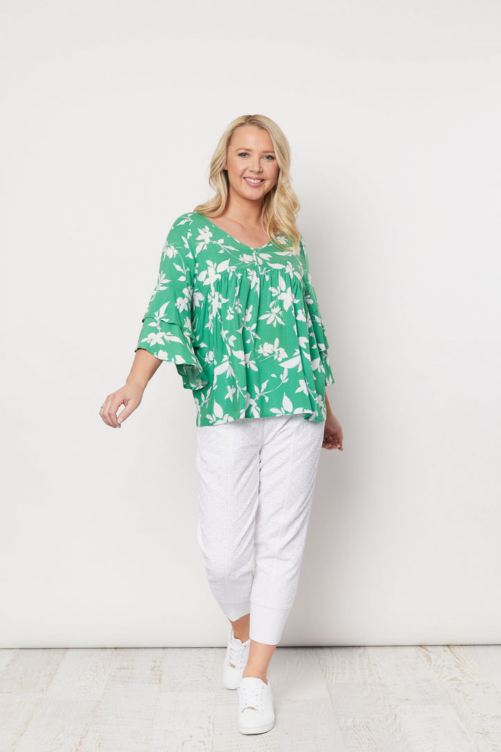 Floral Print V Neck Top - Green - The Wardrobe