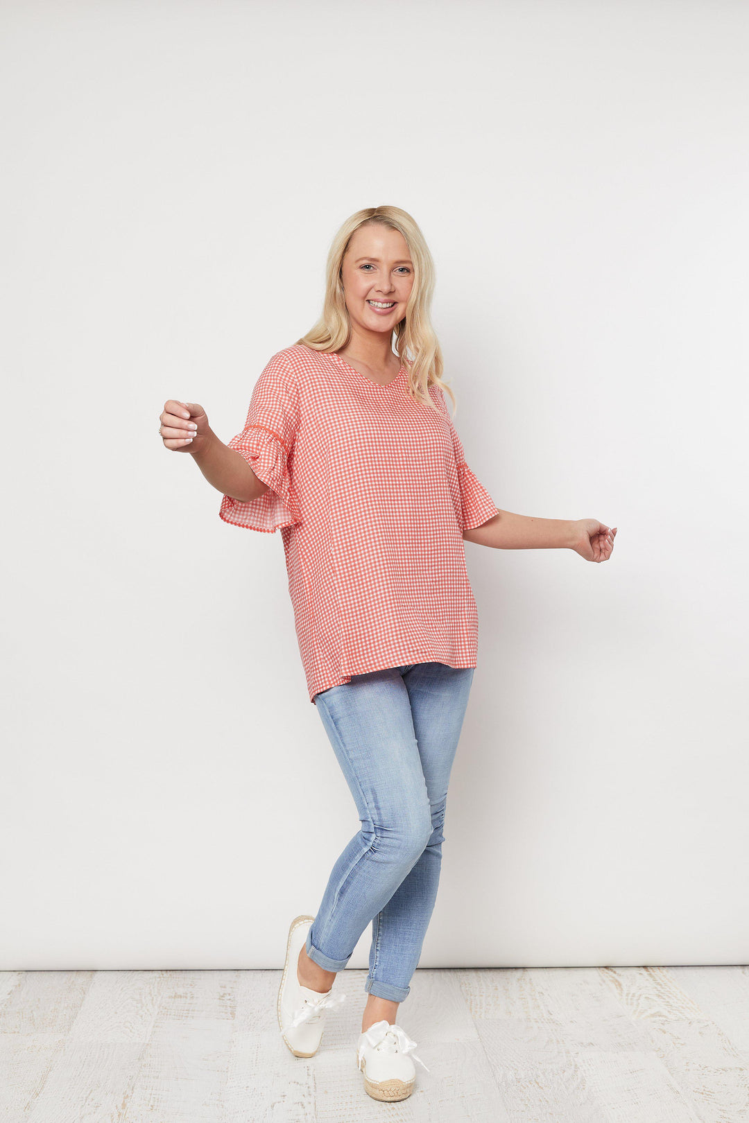 V Neck Check Top - Melon - The Wardrobe