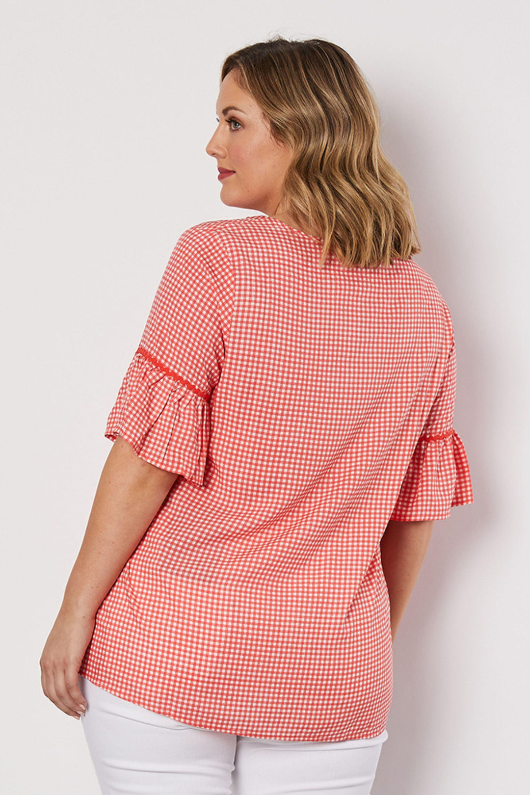 V Neck Check Top - Melon