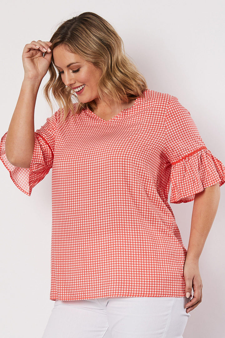 V Neck Check Top - Melon