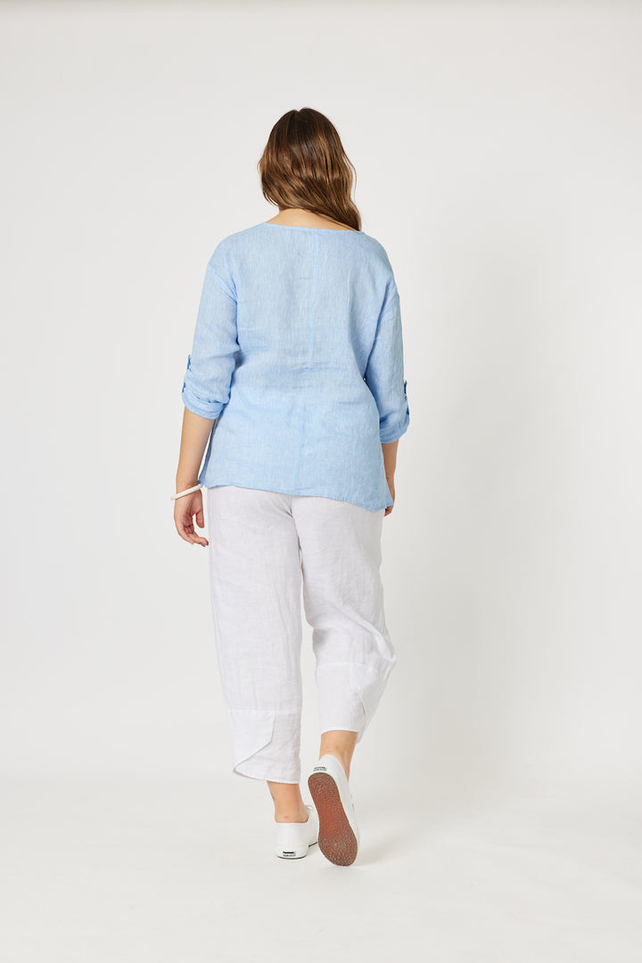 Linen Top with Tab Sleeve - Pale Blue