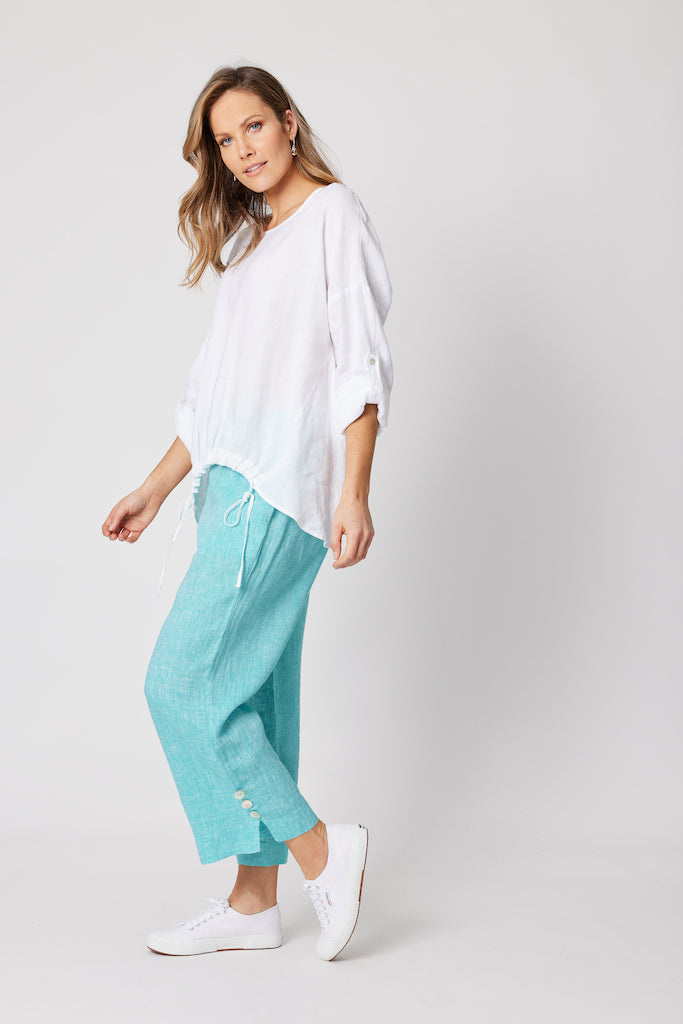 Linen Top with Tab Sleeve - White