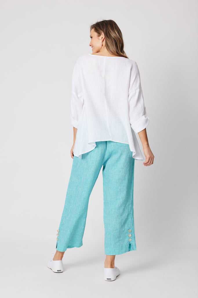 Linen Top with Tab Sleeve - White