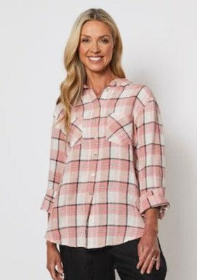 Melon Linen Check Shirt - Pink