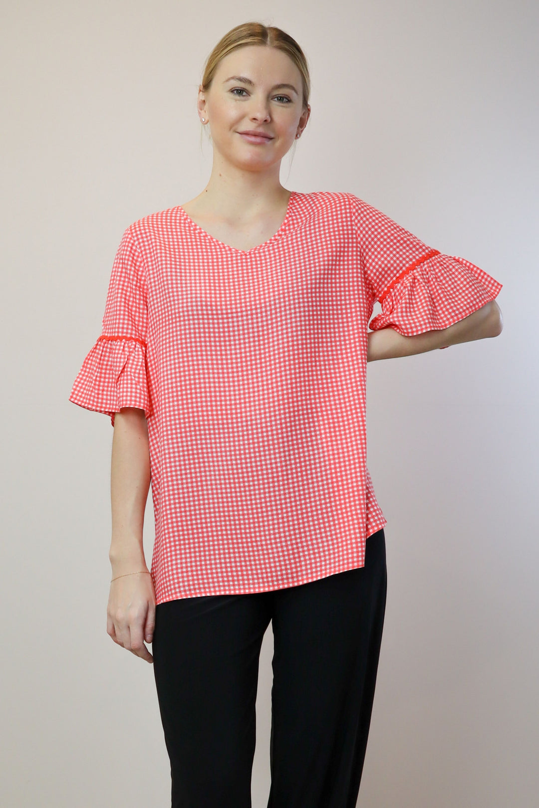 V Neck Check Top - Melon