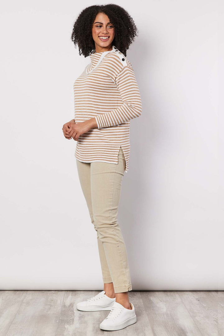 Button Neck Stripe Knit Jumper - Caramel Stripe