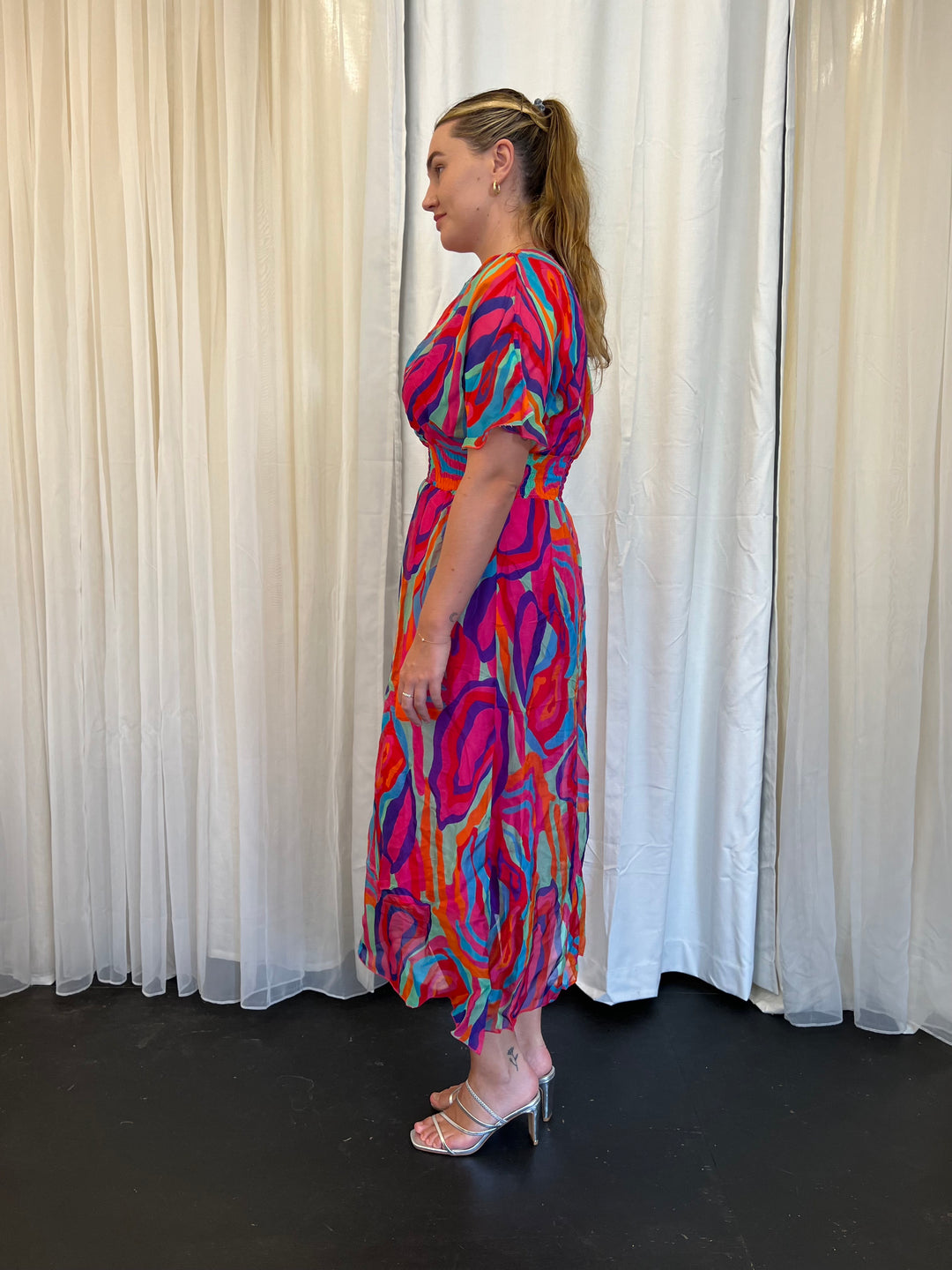 Silk Layered Print Dress - Bright Pink