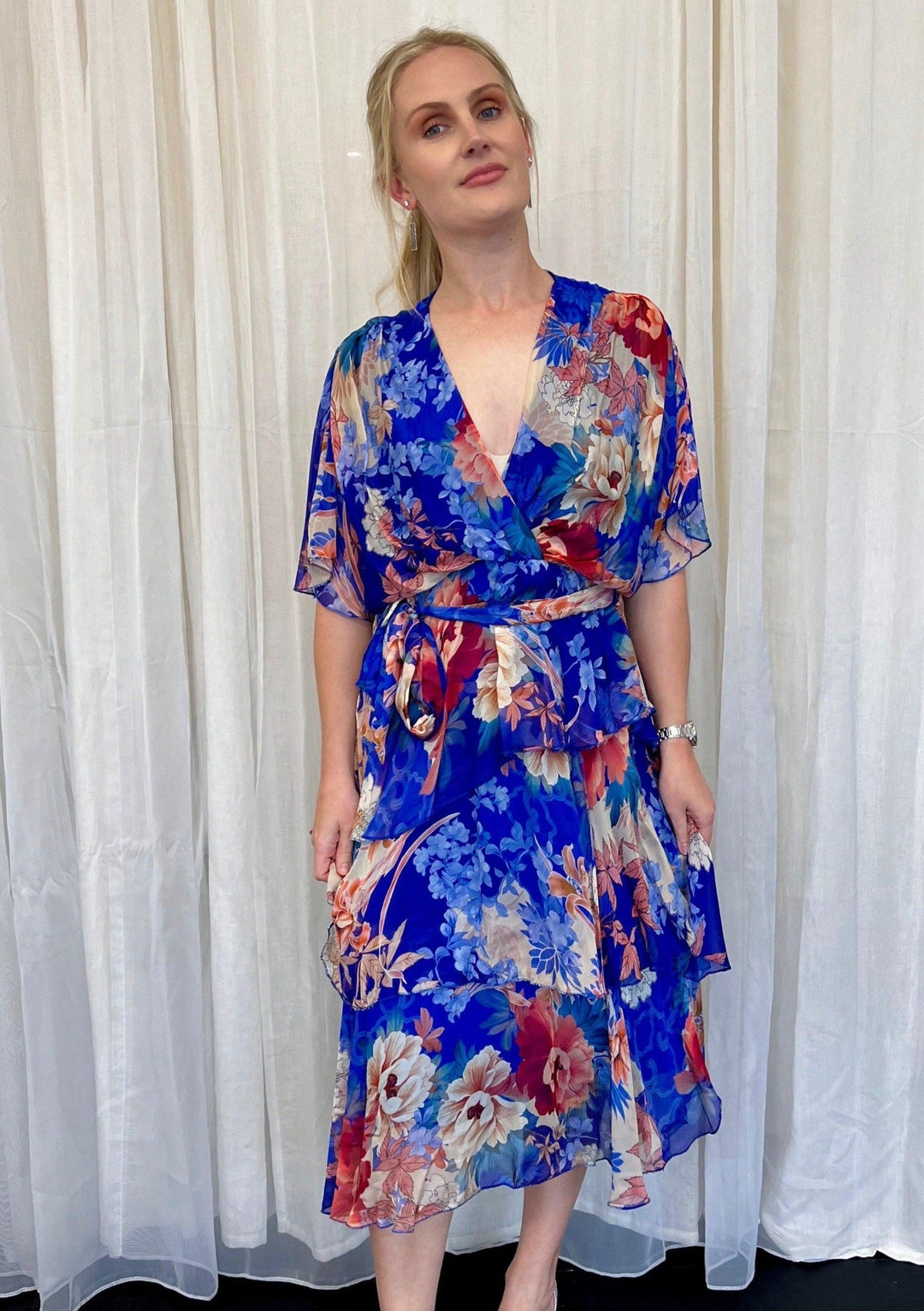 Tier Dress Cross over neckline - Cobalt Blue Floral