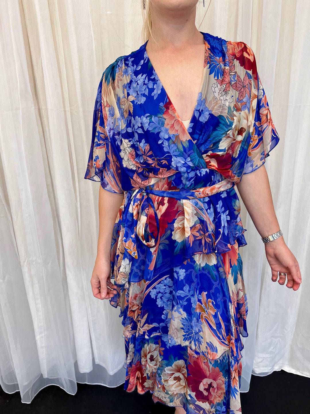 Tier Dress Cross over neckline - Cobalt Blue Floral