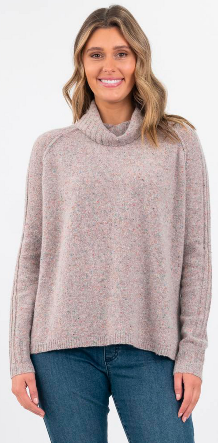 Rib Trim Roll Neck Pullover Blue/Pink/Stone