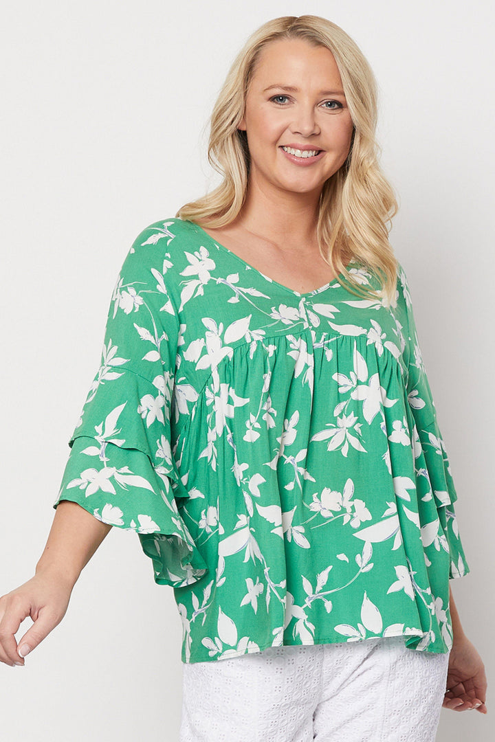 Floral Print V Neck Top - Green