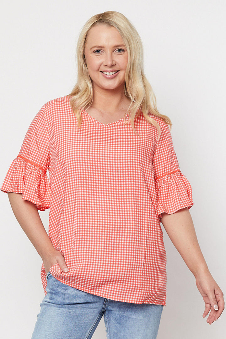 V Neck Check Top - Melon