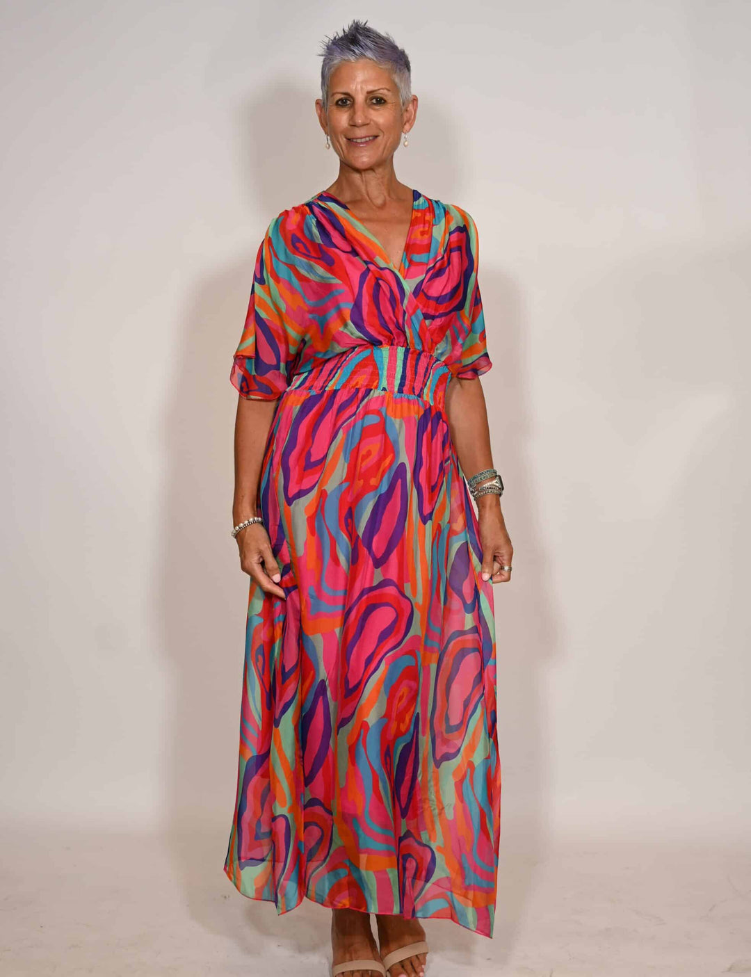 Silk Layered Print Dress - Bright Pink